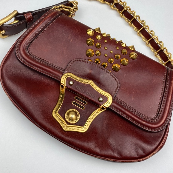 Miu Miu Y2K Burgundy Spike Studded Mini Bag - Picture 2 of 8